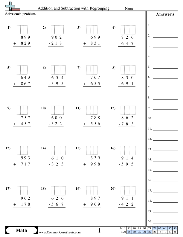 Addition Worksheets - Addition and Subtraction with Regrouping worksheet